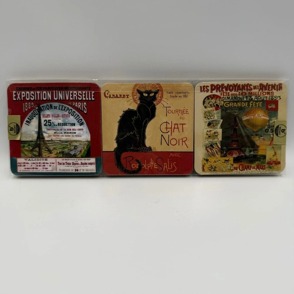 Benart Paris Vintage French Poster Cork Back Coasters Set of 6 Chat Noir‎ New
